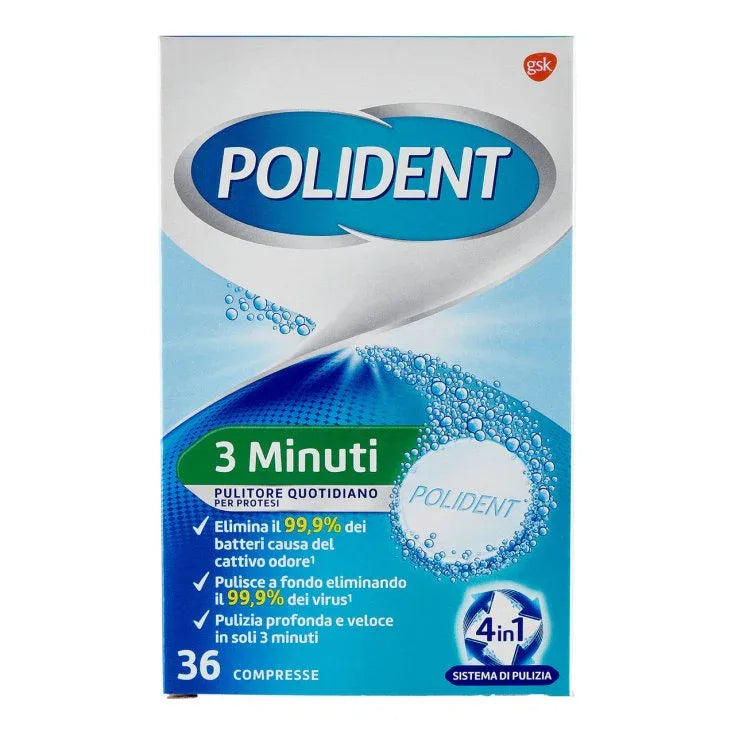 POLIDENT 3 MINUTI PULITORE QUOTIDIANO PER PROTESI IN COMPRESSE 36 PZ - Profumeria Cera