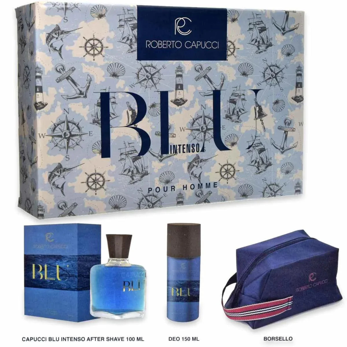 CAPUCCI BLU INTENSO CONFEZIONE REGALO UOMO AFTER+DEO+BORSELLO - Profumeria Cera