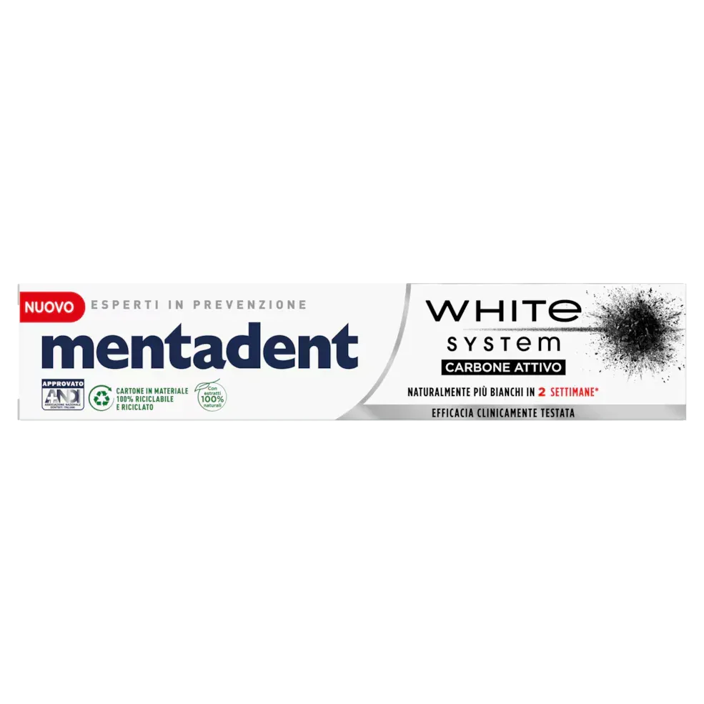 MENTADENT WHITE SYSTEM CARBONE ATTIVO DENTIFRICIO 75 ML - Profumeria Cera